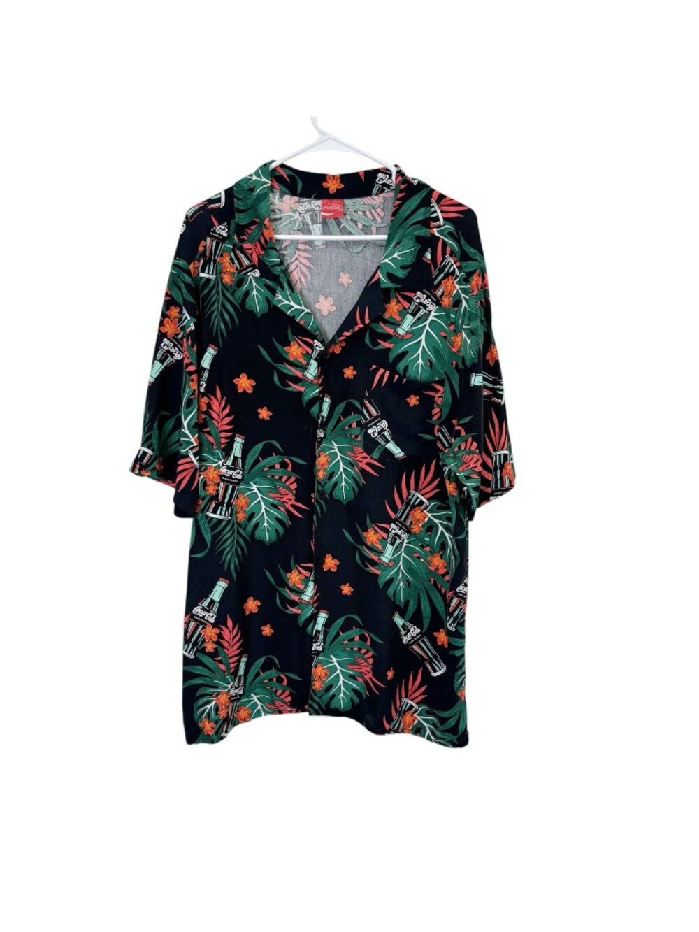 Coca Cola Short Sleeve Button Front Camp Shirt Large Black Coke Hawaiian